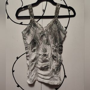 Lace-Trim Peacock Feather Print Tank Top